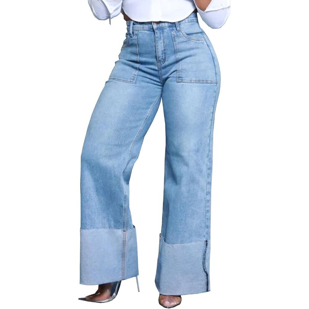 Women's Wide Leg Denim Jeans High Waisted Relaxed Fit Baggy Cuffed Style
